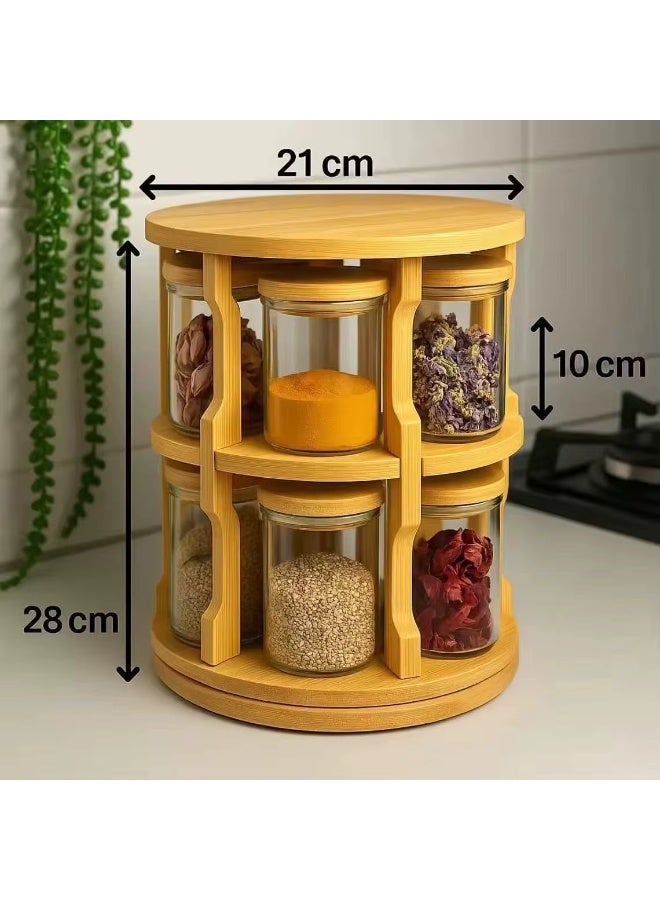 A glass spice organizer with a 360-degree rotating wooden base containing 10 airtight jars to organize spices and legumes in a small space and a stylish design suitable for all kitchens. - Image 3
